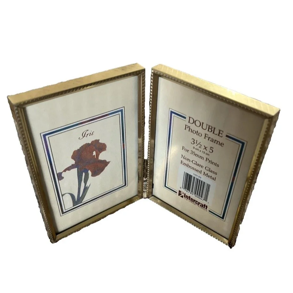 Vintage Gold Tone Brass Picture Frame Lot 5x7 Frame & Hinged Double 3.5x5 Framed